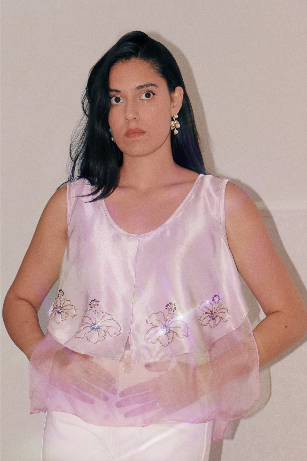 'Hibiscus Twilight' Silk Chiffon Top